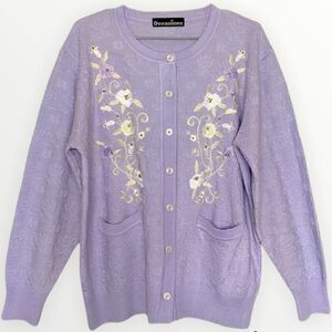 Occasions Vintage Lilac Embroidered Floral Grandma Knit Cardigan Sweater
